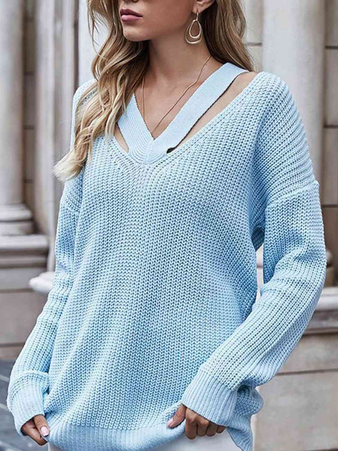 Full Size Cutout V-Neck Rib-Knit Sweater - Deals DejaVu