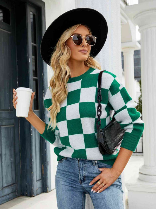 Checkered Round Neck Sweater - Deals DejaVu