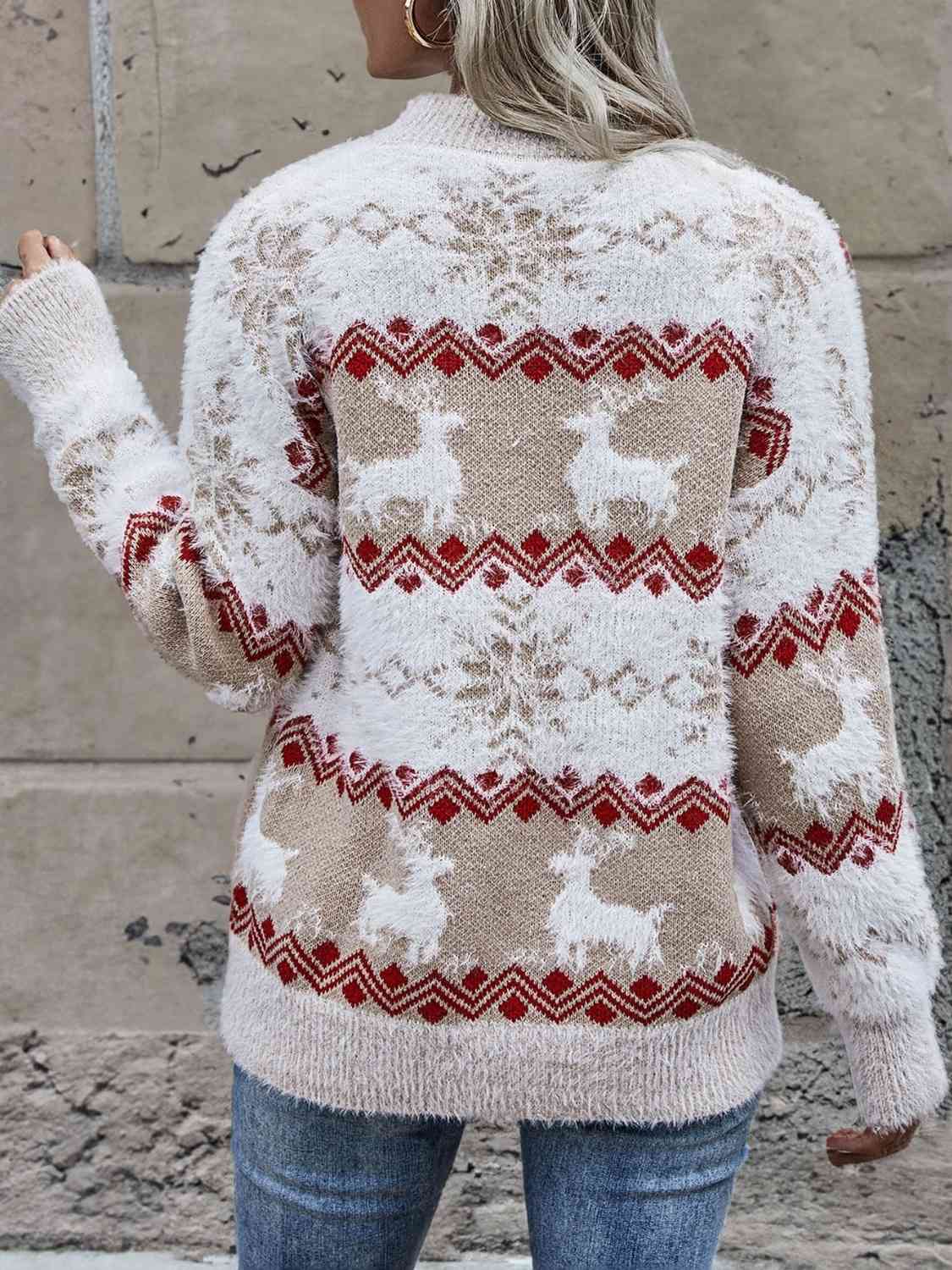 Reindeer & Snowflake Round Neck Sweater - Deals DejaVu