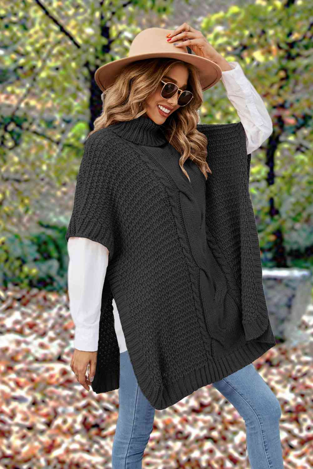 Turtleneck Slit Short Sleeve Sweater - Deals DejaVu