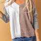 Double Take Color Block V-Neck Ribbed Trim Sweater