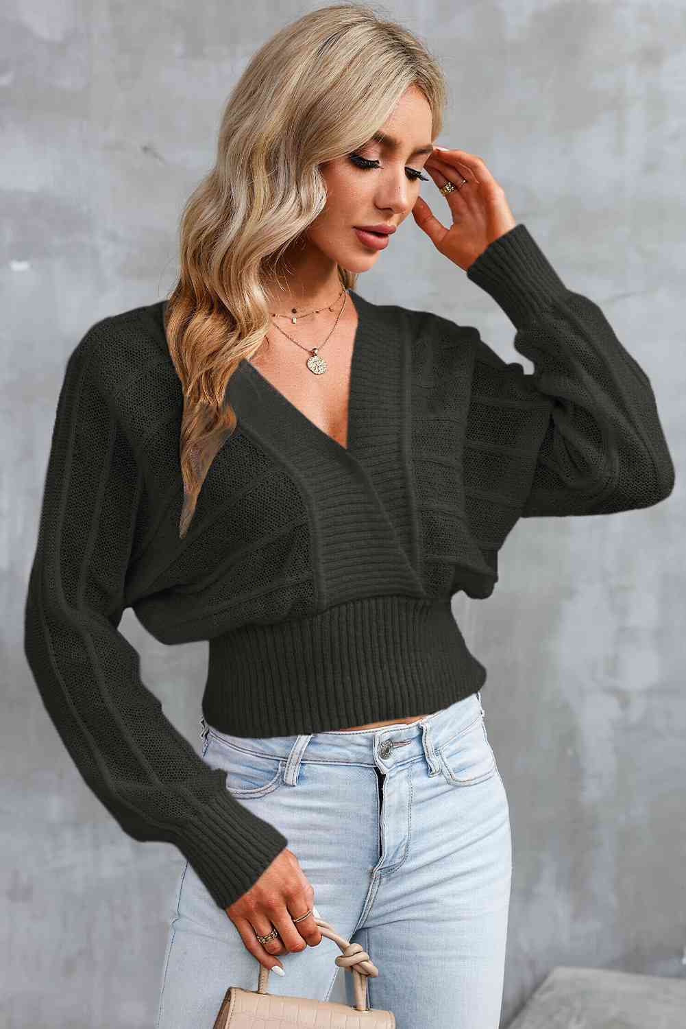 Surplice Neck Lace-Up Sweater - Deals DejaVu