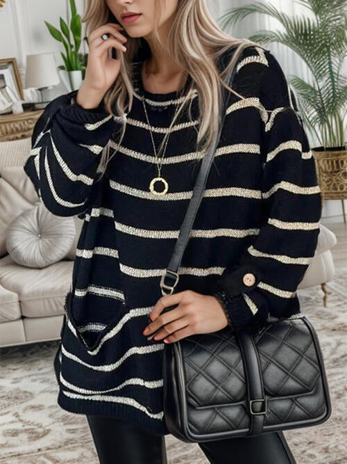 Striped Buttoned Long Sleeve Sweater with Pocket - Deals DejaVu