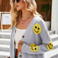 Smiley Face Ribbed Trim V-Neck Cardigan