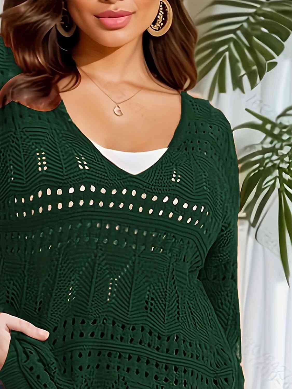 Plus Size Openwork Plunge Long Sleeve Sweater - Deals DejaVu