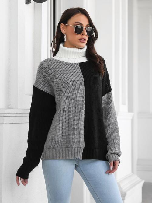 Contrast Turtleneck Long Sleeve Sweater - Deals DejaVu