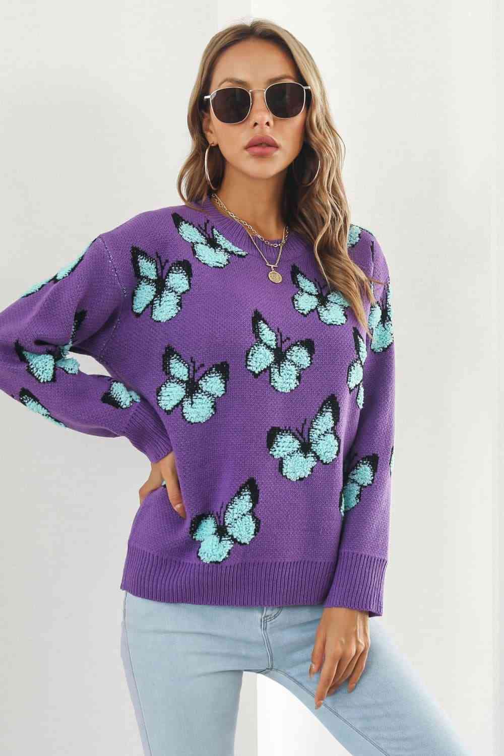 Butterfly Pattern Round Neck Dropped Shoulder Sweater - Deals DejaVu