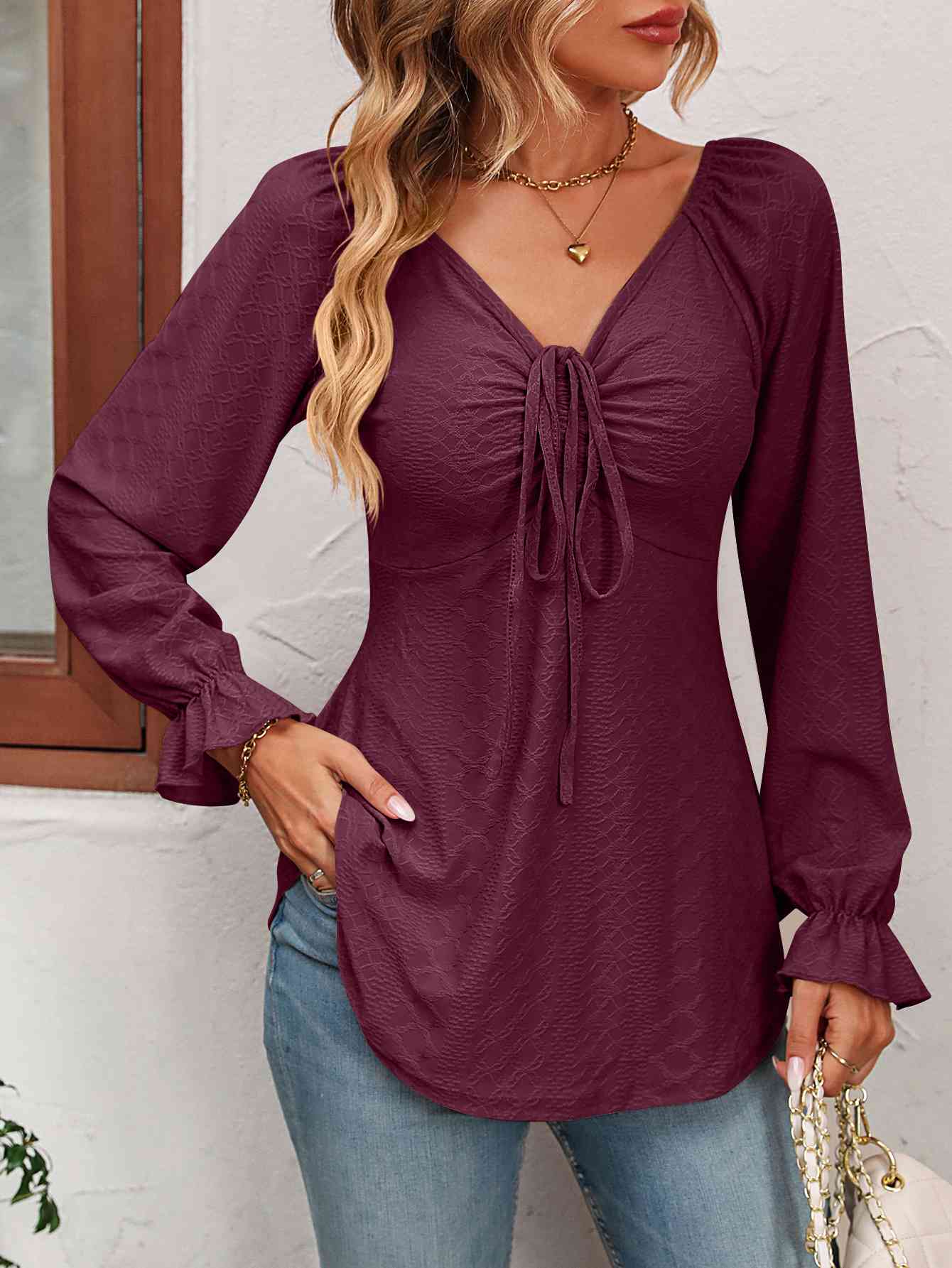 Tie Front V-Neck Puff Sleeve Blouse (BFD) T - Deals DejaVu