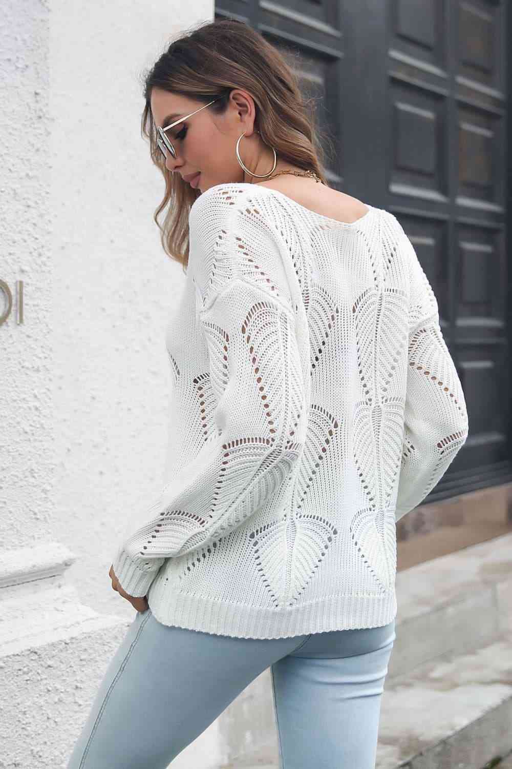 Openwork V-Neck Dropped Shoulder Sweater - Deals DejaVu