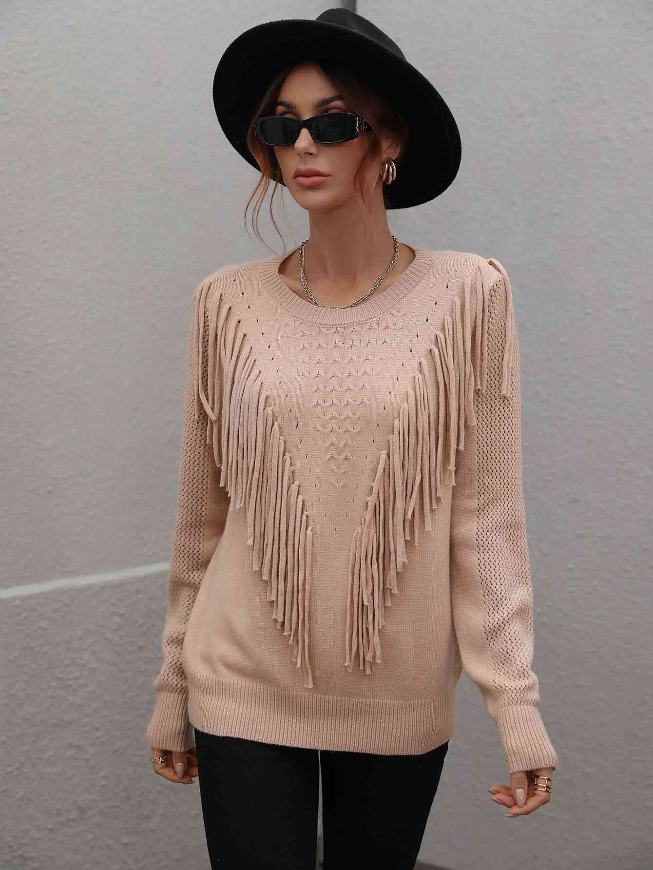 Double Take Fringe Detail Ribbed Trim Sweater - Deals DejaVu