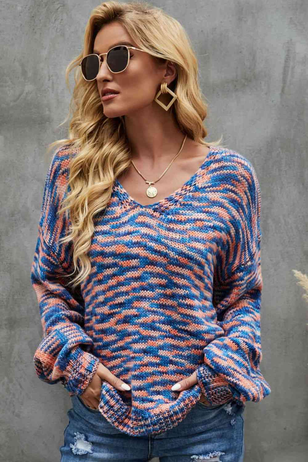 Multicolored Balloon Sleeve V-Neck Sweater - Deals DejaVu