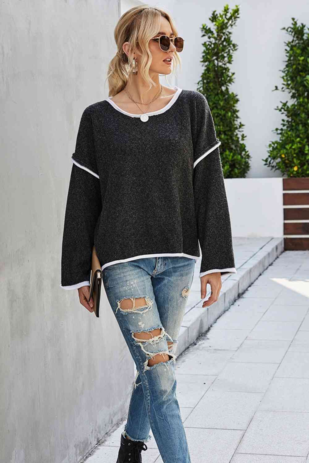 Round Neck Dropped Shoulder Sweater - Deals DejaVu