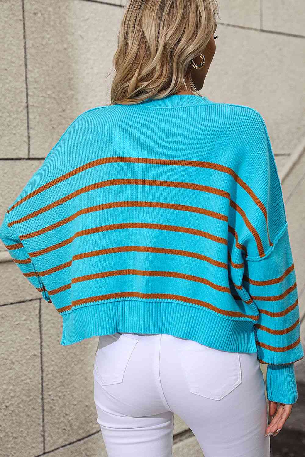 Striped Dropped Shoulder Round Neck Pullover Sweater - Deals DejaVu