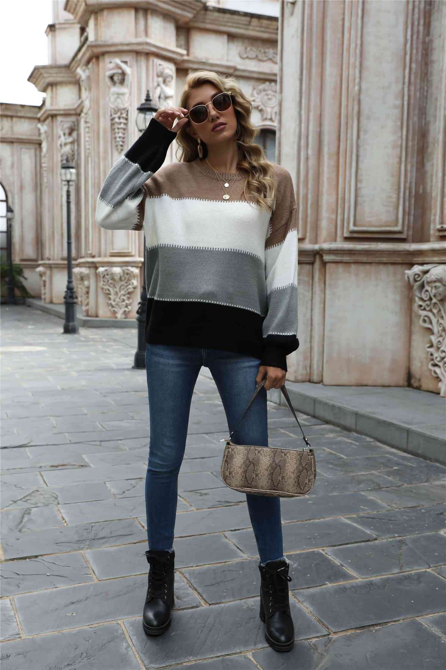 Color Block Round Neck Sweater - Deals DejaVu