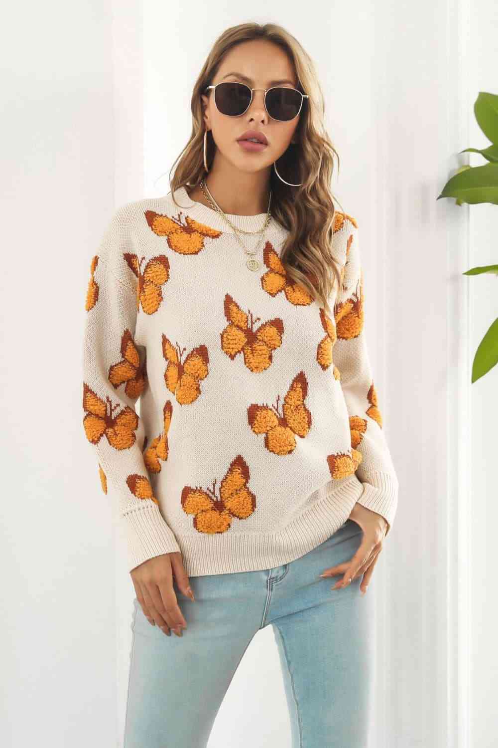 Butterfly Pattern Round Neck Dropped Shoulder Sweater - Deals DejaVu