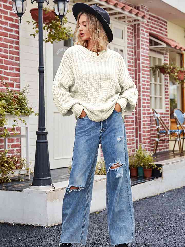 Round Neck Dropped Shoulder Sweater - Deals DejaVu