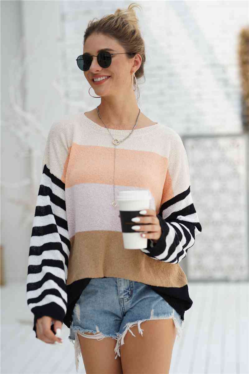 Striped Ribbed Trim Bell Sleeve Sweater - Deals DejaVu