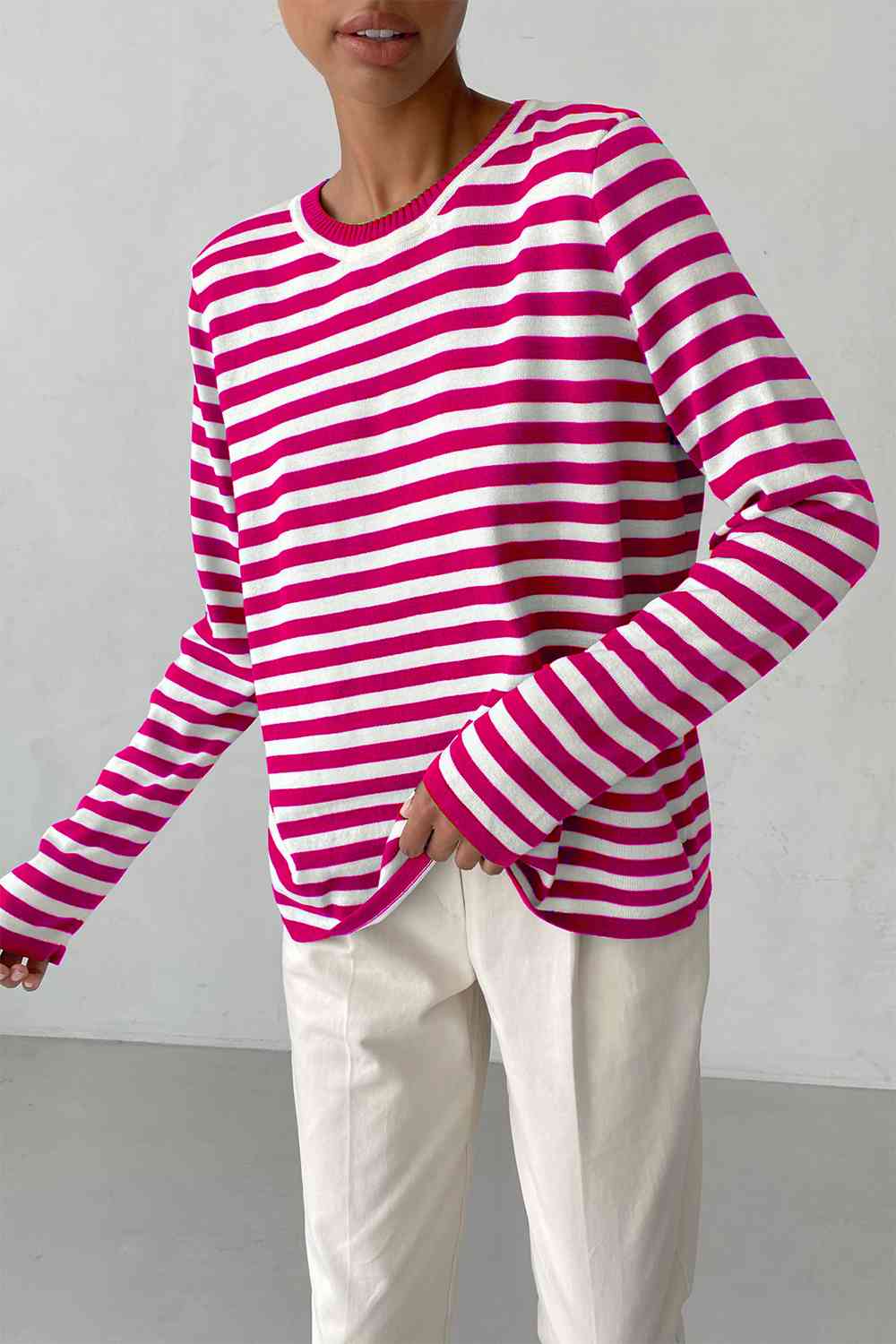 Striped Round Neck Long Sleeve Sweater - Deals DejaVu