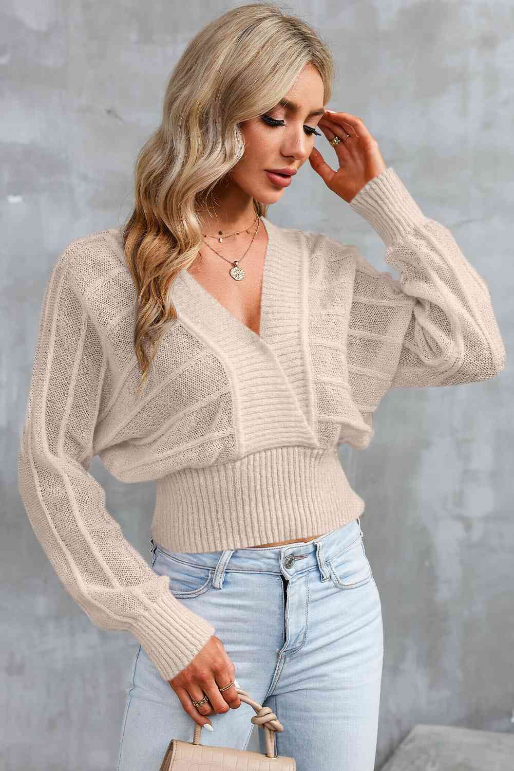 Surplice Neck Lace-Up Sweater - Deals DejaVu