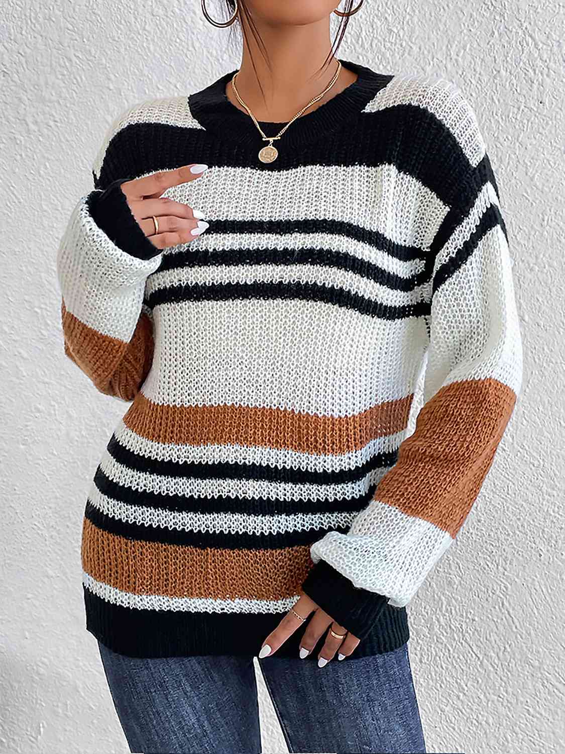 Striped Round Neck Sweater - Deals DejaVu