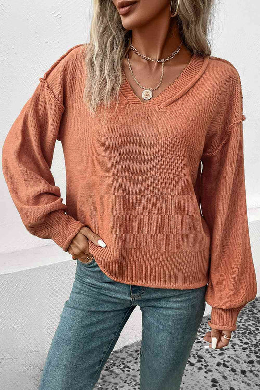 V-Neck Exposed Seam Sweater - Deals DejaVu