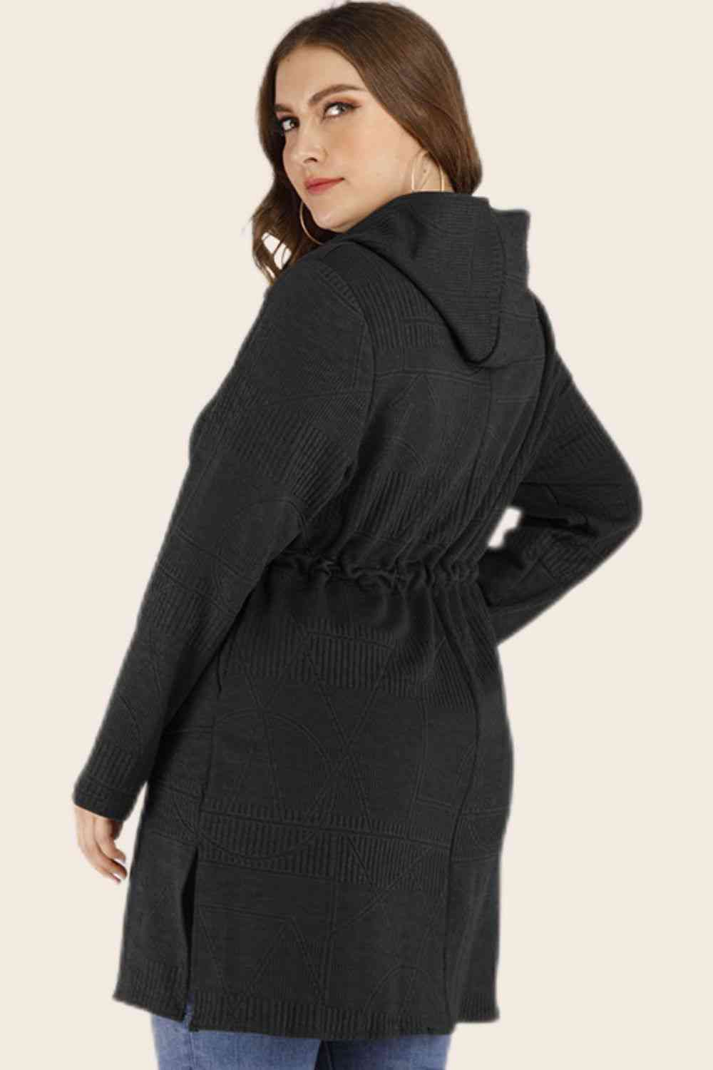 Plus Size Drawstring Waist Hooded Cardigan with Pockets - Deals DejaVu