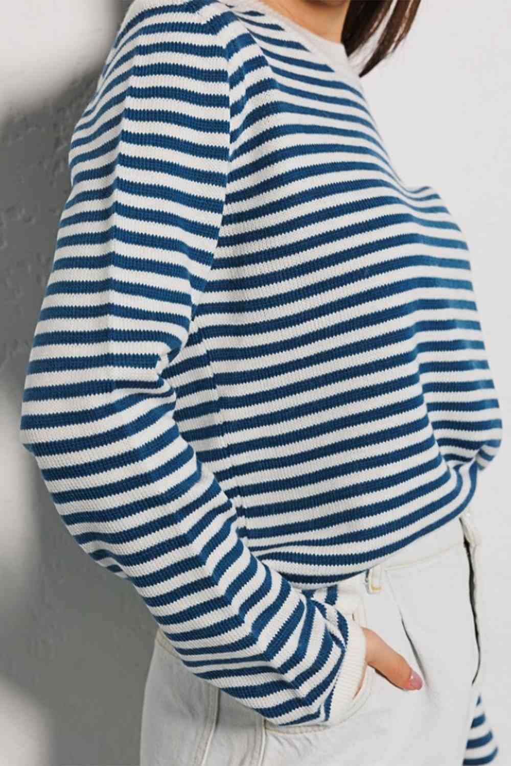 Striped Round Neck Long Sleeve Sweater - Deals DejaVu