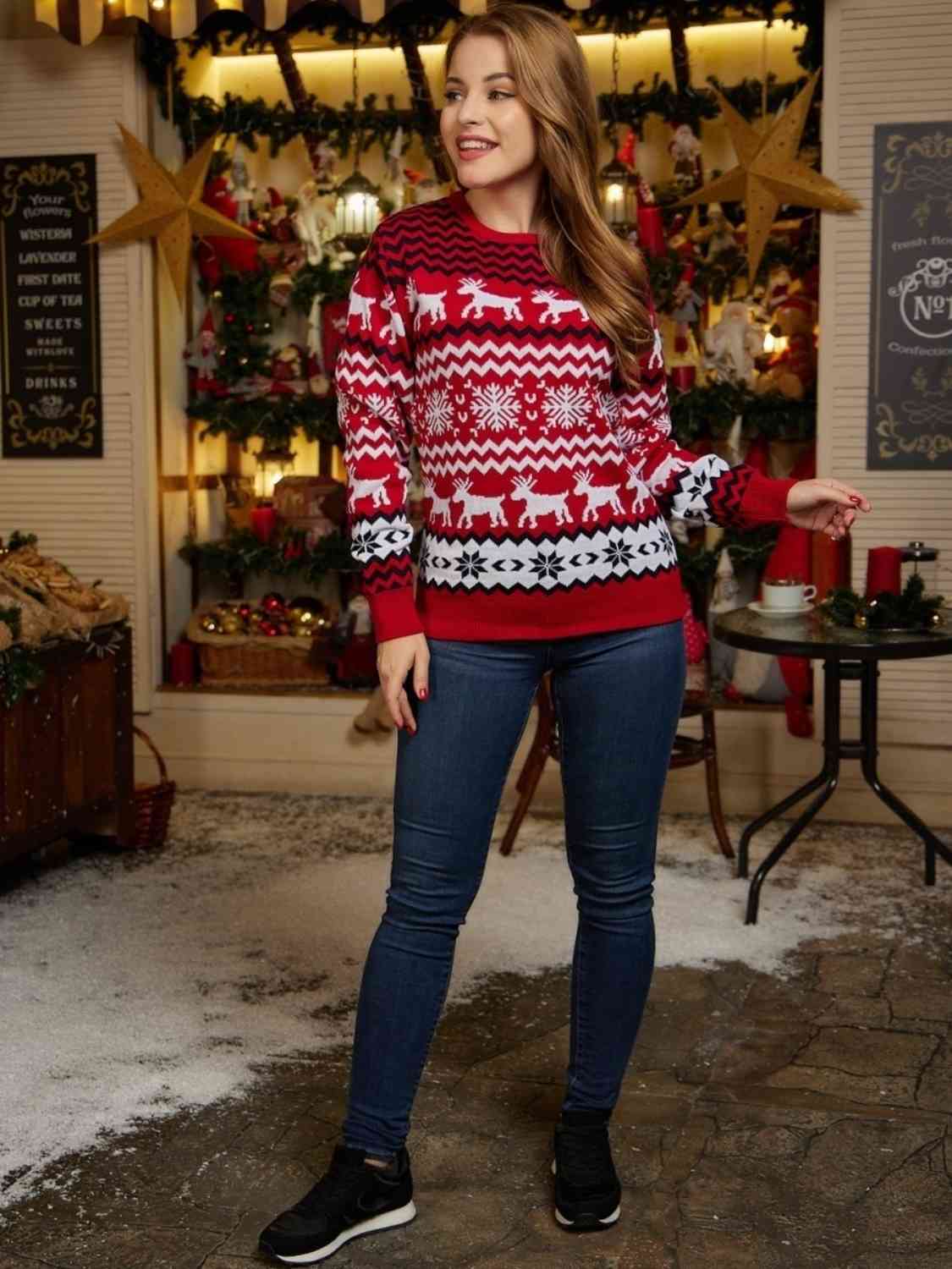 Reindeer & Snowflake Round Neck Sweater - Deals DejaVu