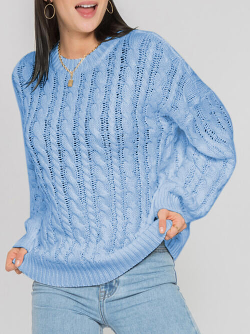 Openwork Round Sleeve Cable-Knit Sweater - Deals DejaVu