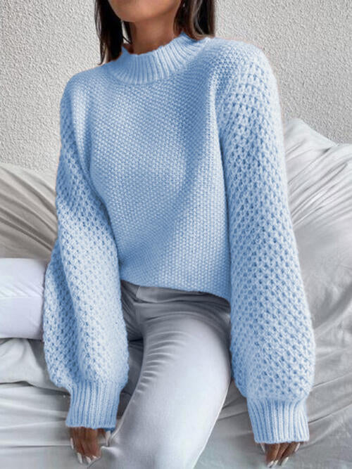 Openwork Mock Neck Long Sleeve Sweater - Deals DejaVu