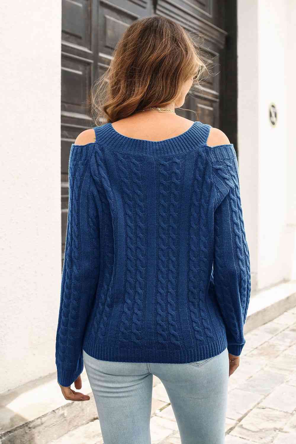 Cold Shoulder V-Neck Cable-Knit Pullover Sweater - Deals DejaVu