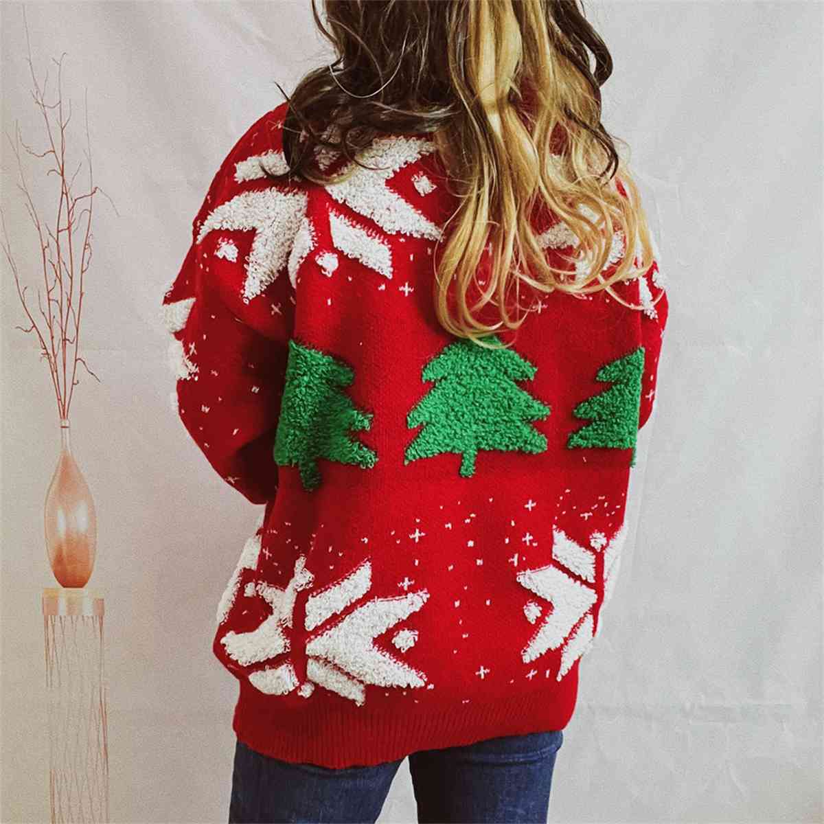 Snowflake Round Neck Long Sleeve Sweater - Deals DejaVu