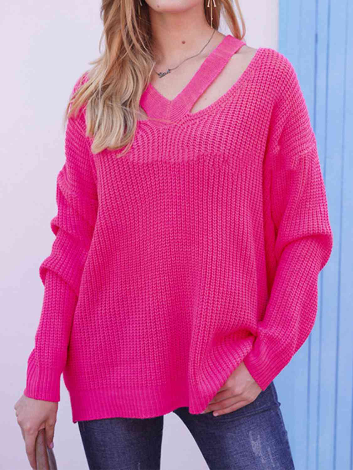 Full Size Cutout V-Neck Rib-Knit Sweater - Deals DejaVu