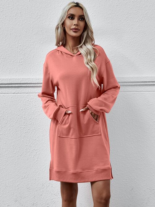 Slit Long Sleeve Hooded Dress with Pocket (MWBT) T - Deals DejaVu