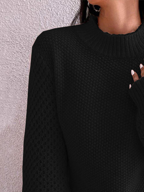 Openwork Mock Neck Long Sleeve Sweater - Deals DejaVu