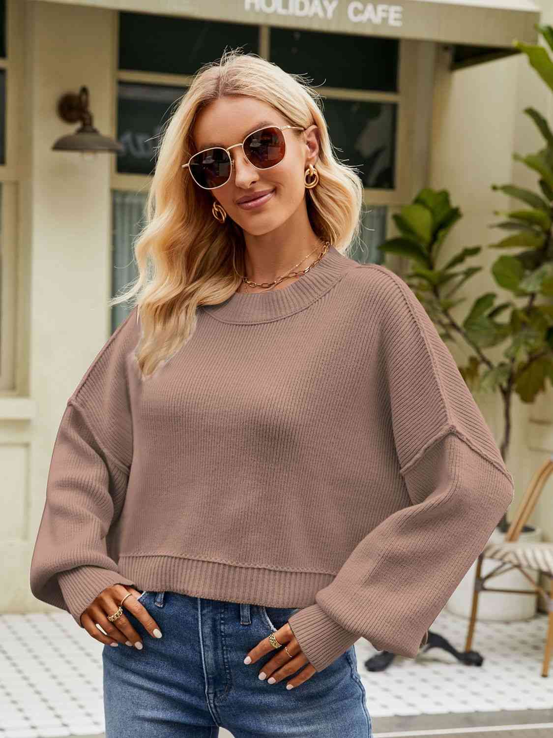 Round Neck Dropped Shoulder Sweater - Deals DejaVu