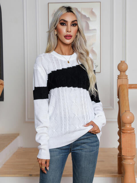 Color Block Cable-Knit Round Neck Sweater - Deals DejaVu