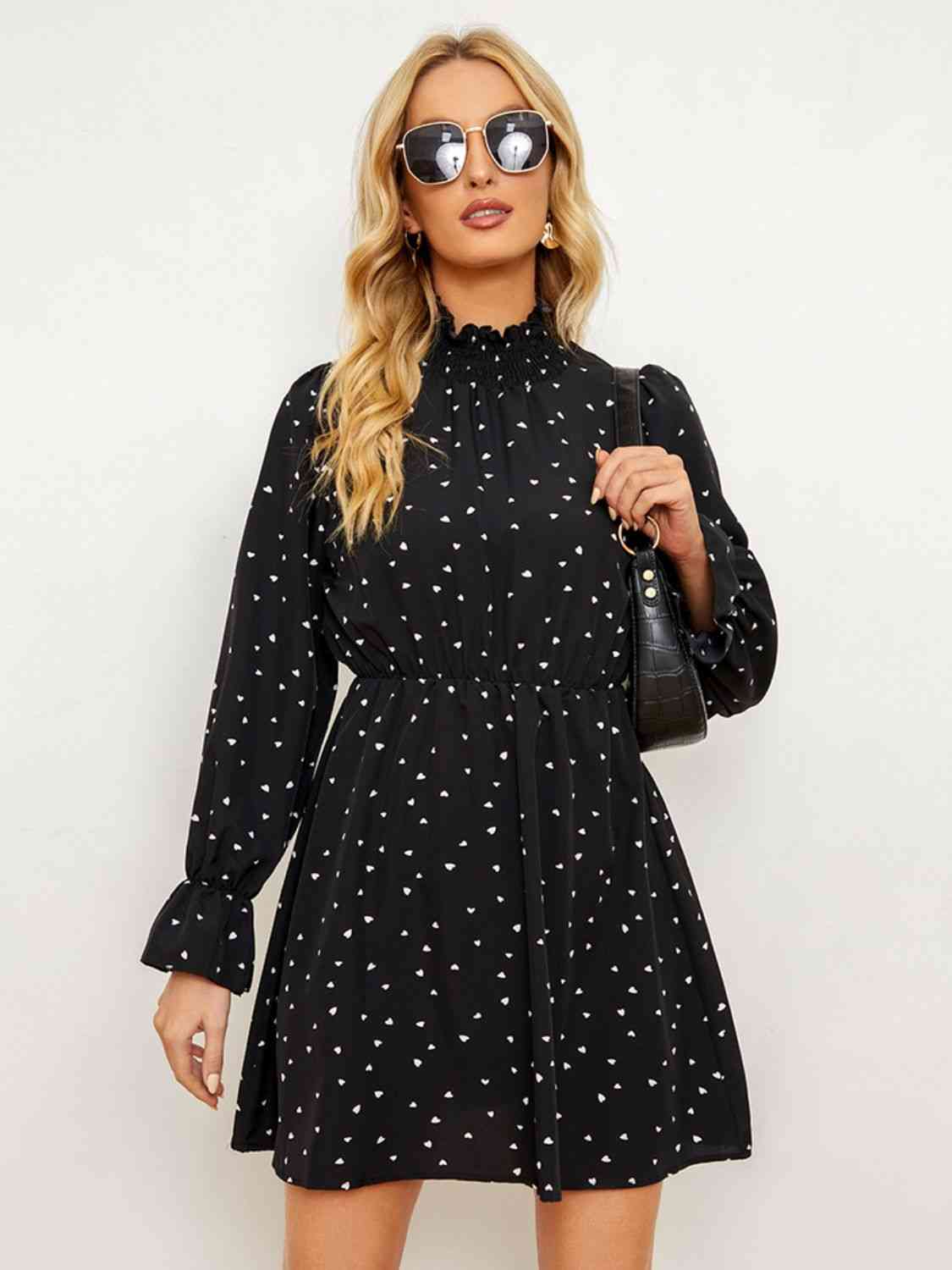 Printed Long Flounce Sleeve Frill Neck Dress (MWBT) T - Deals DejaVu