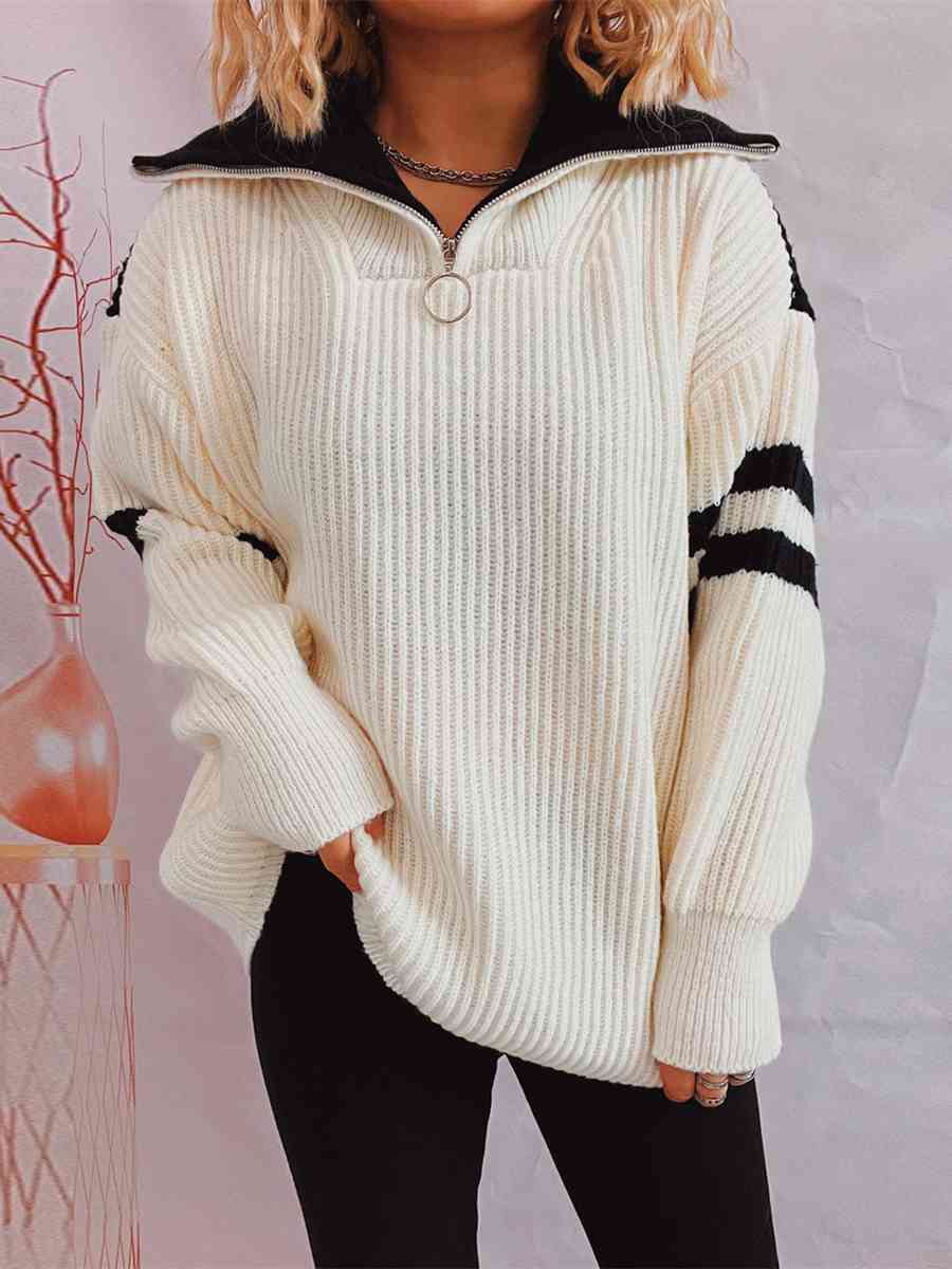 Ribbed Two-Tone Half Zip Sweater - Deals DejaVu