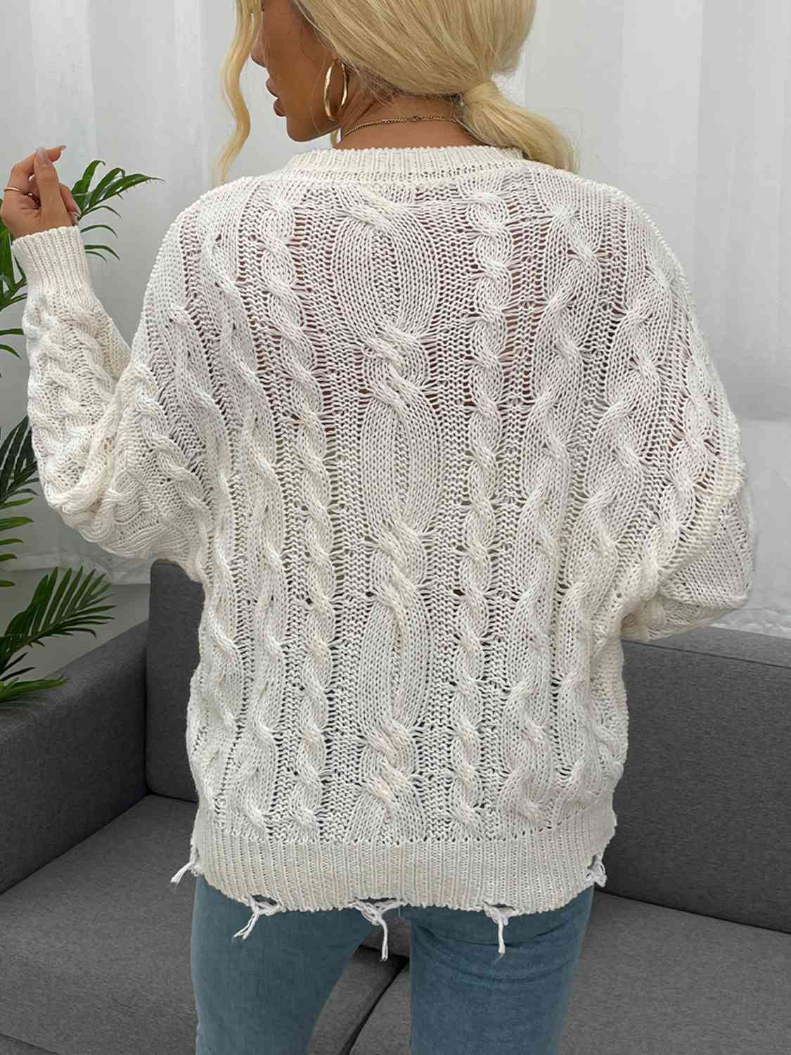 Openwork Distressed Long Sleeve Sweater - Deals DejaVu