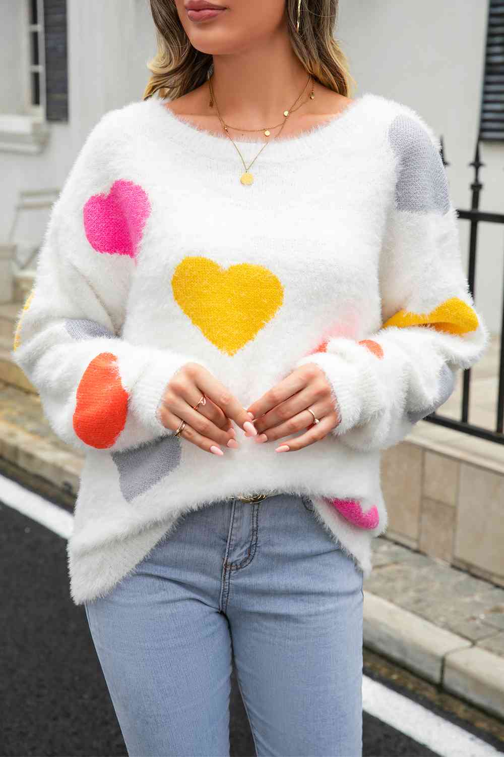 Heart Pattern Round Neck Long Sleeve Sweater - Deals DejaVu