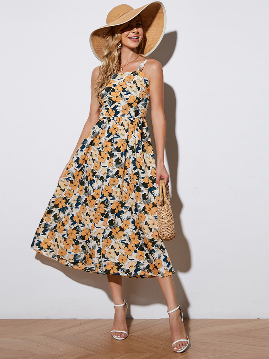 Floral Tie-Back Sleeveless Midi Dress (BWD)(WS06)T - Deals DejaVu