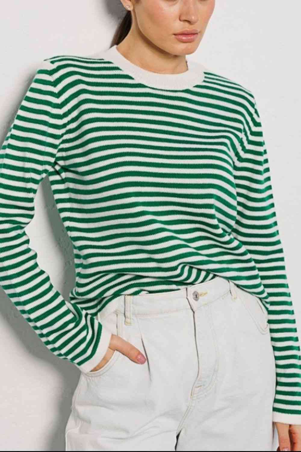 Striped Round Neck Long Sleeve Sweater - Deals DejaVu