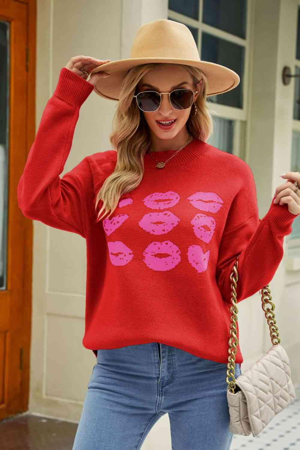 Woven Right Lip Graphic Slit Dropped Shoulder Sweater - Deals DejaVu