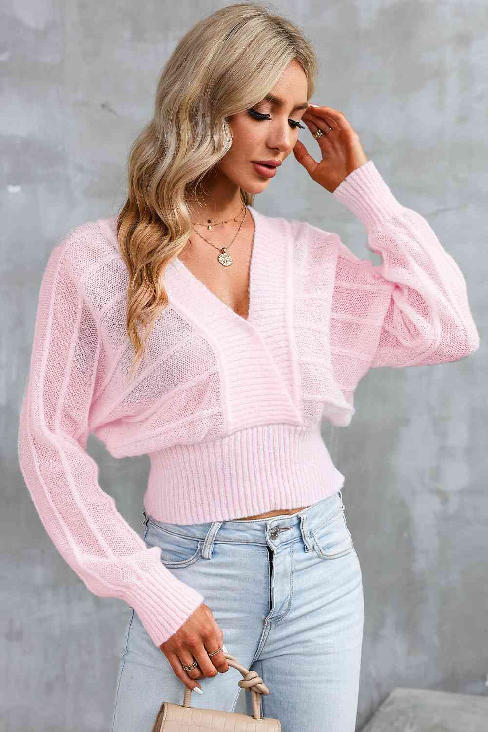 Surplice Neck Lace-Up Sweater - Deals DejaVu