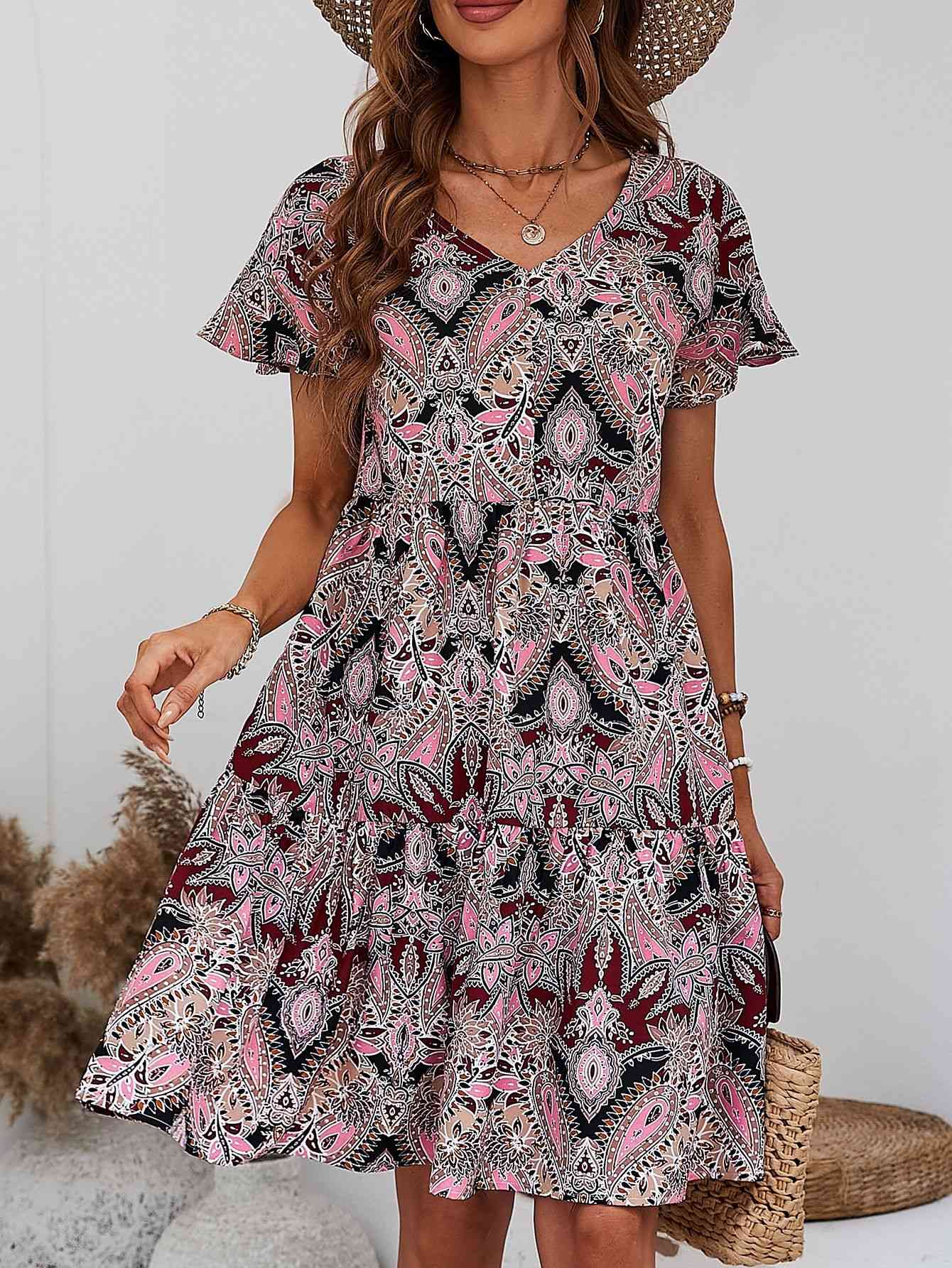 Printed V-Neck Tiered Dress (MWBT) T - Deals DejaVu