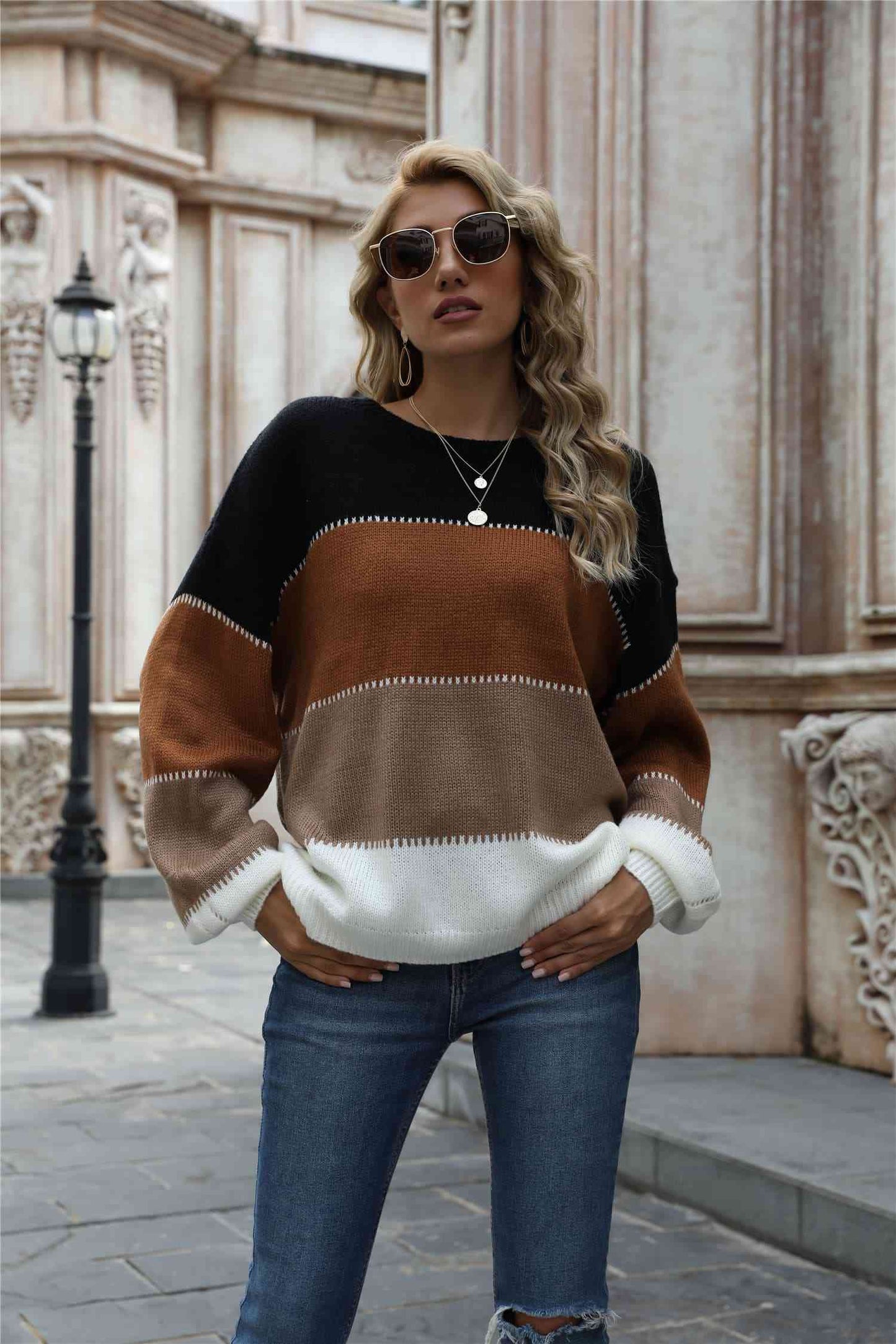 Color Block Round Neck Sweater - Deals DejaVu