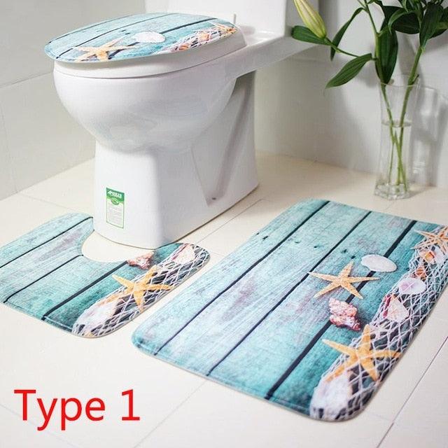 3Pcs/Set Flannel Carpet Mat 3D Print Non Slip Toilet Seat Cover Bathroom Pad Floor Mat Rug Carpet (RU4)(1U68)(F68)