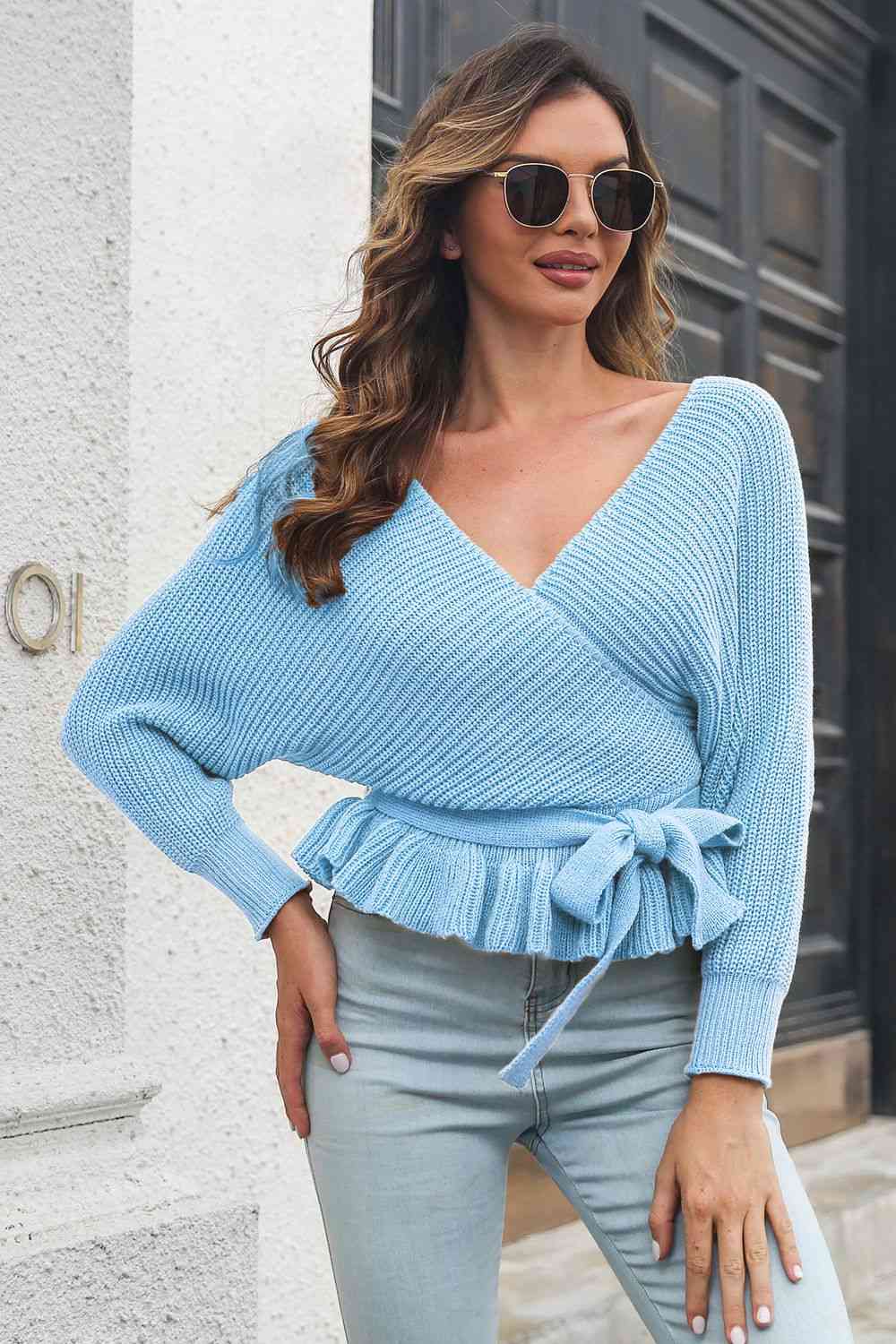 Tie Waist Ruffle Hem Sweater - Deals DejaVu