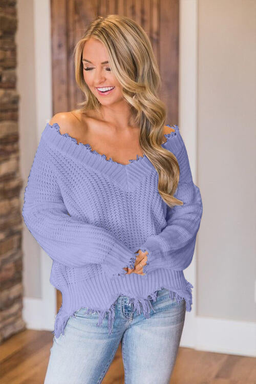 Frayed Hem Dropped Shoulder Sweater - Deals DejaVu